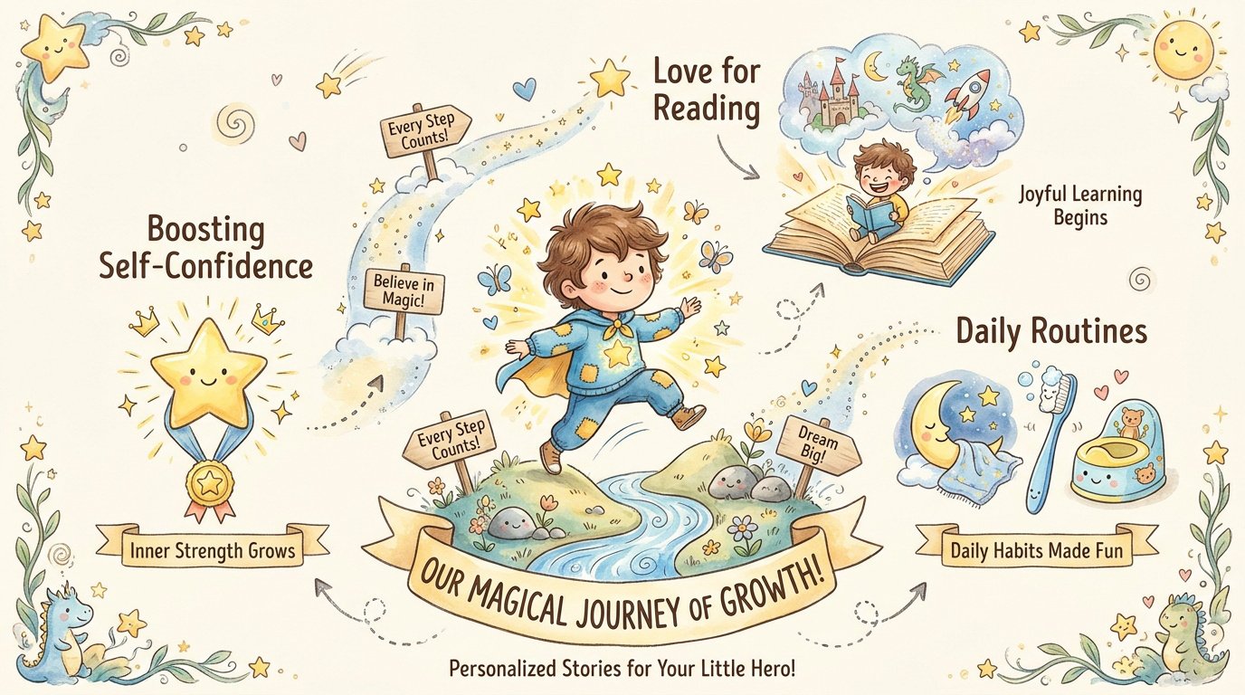 Create a personalized children's book for your little hero 2 A child smiling while reading a personalized storybook about growth and adventure