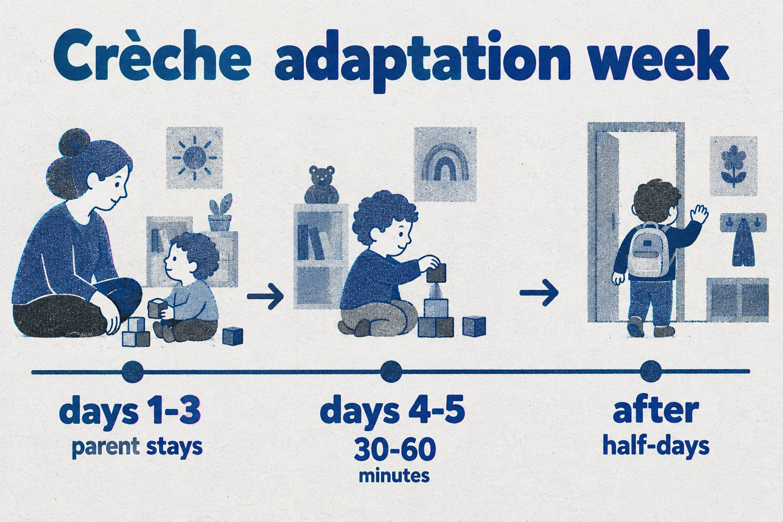 How to help a child with separation anxiety 3 A timeline of the crèche adaptation week showing days 1 to 5+: discovery visit, gradual withdrawal, first separation of 30 minutes to 1 hour, then half-days and full days.