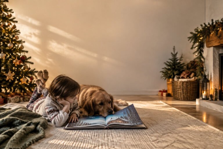 A child and a Golden Retriever lying on a rug reading a personalized storybook next to a lit Christmas tree.