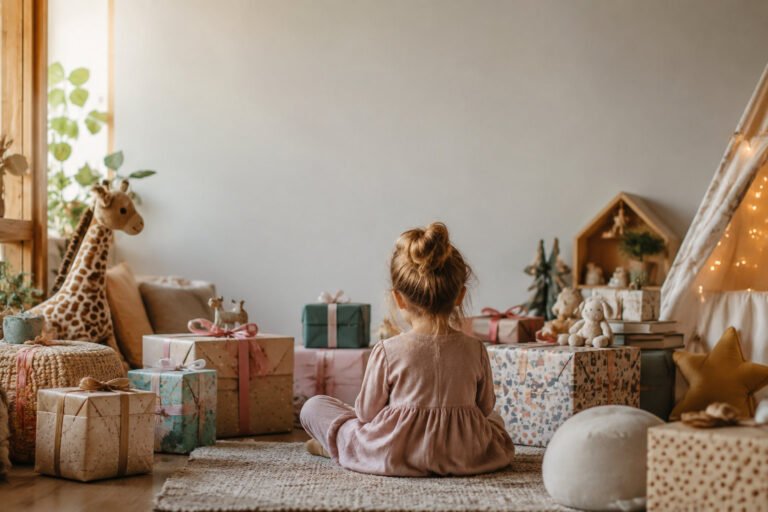 A young girl with her hair in a bun sitting on a rug surrounded by several wrapped gifts in a cozy, sunlit playroom.