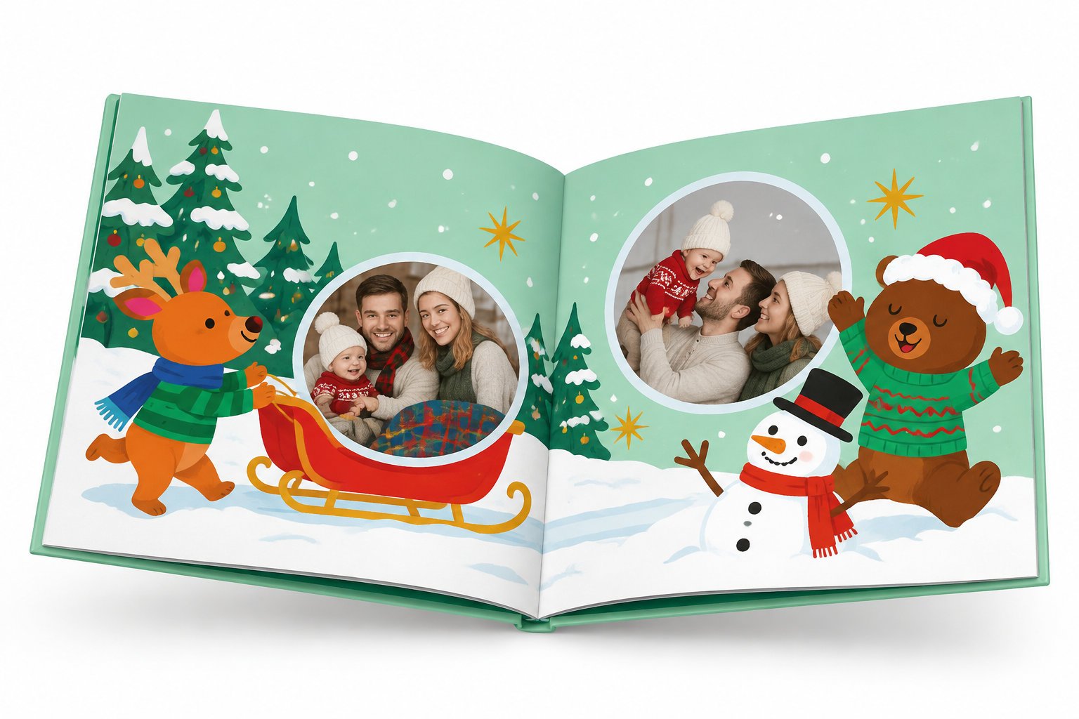 Memorable personalized christmas books for kids this year 5 Interior pages of the I See My Family at Christmas book featuring personalized family photos.