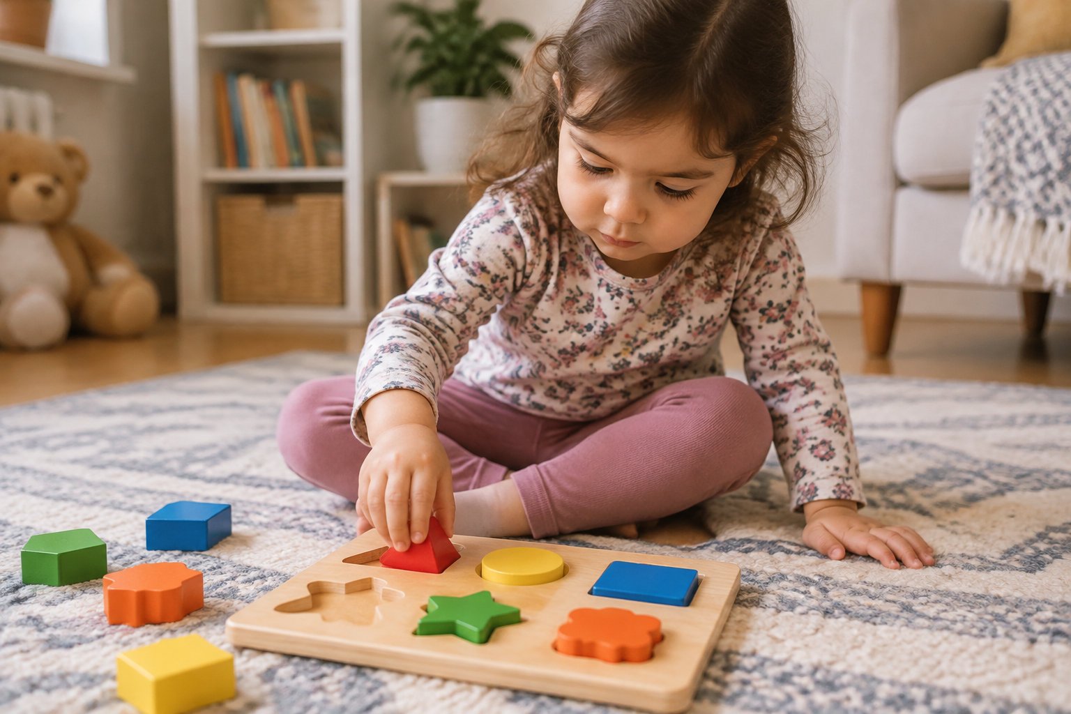 How to improve child attention span without screens naturally 1 A young child sitting on a rug and concentrating on a wooden puzzle.