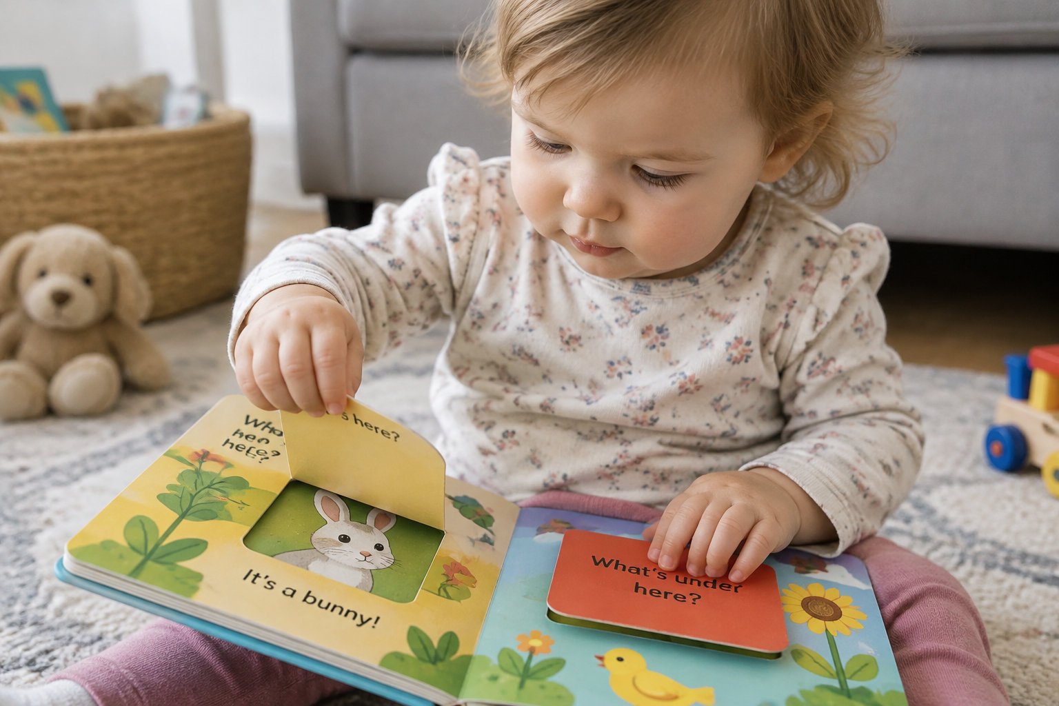 Why interactive stories for toddlers are the future of play 2 A toddler interacting with a tactile, sturdy board book featuring flaps.