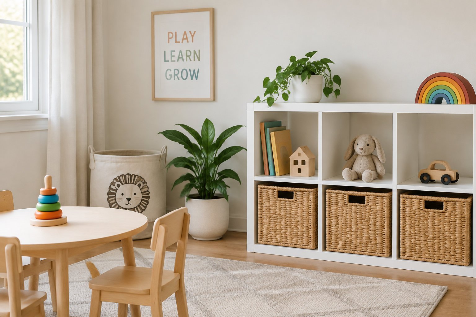 How to improve child attention span without screens naturally 6 A tidy and minimalist shelf designed to help children stay focused.