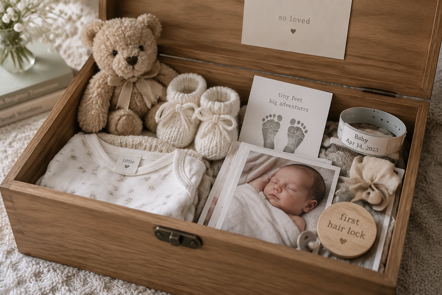 An open keepsake box filled with baby mements and photos