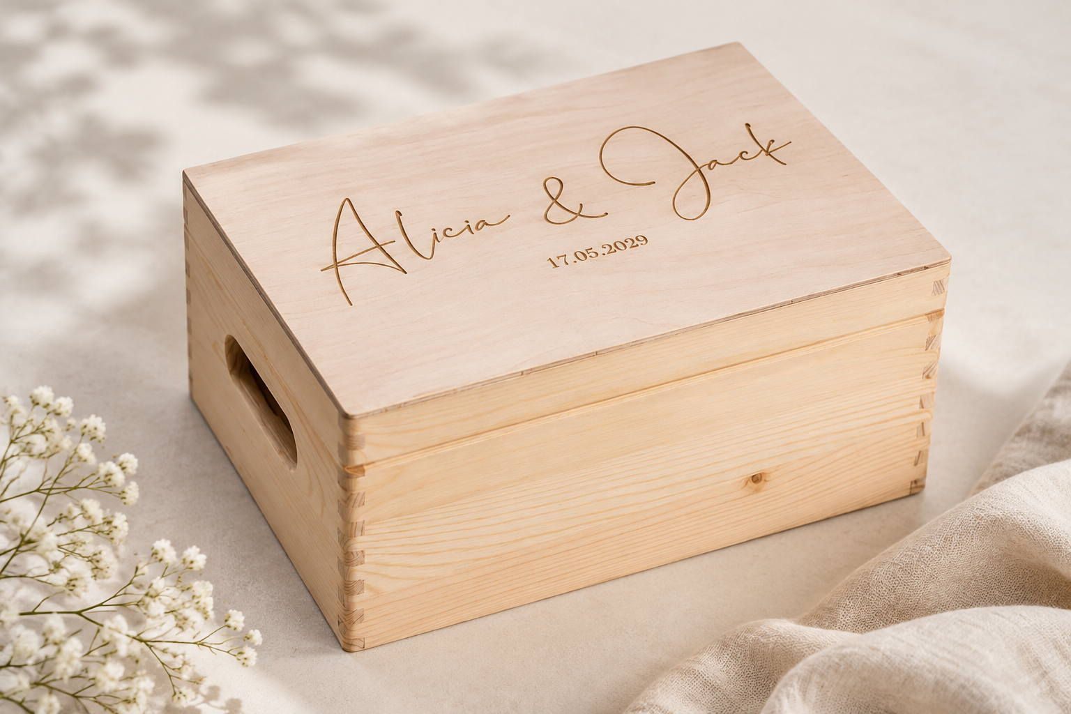 A personalized wooden keepsake box from Tadaaz with engraved name