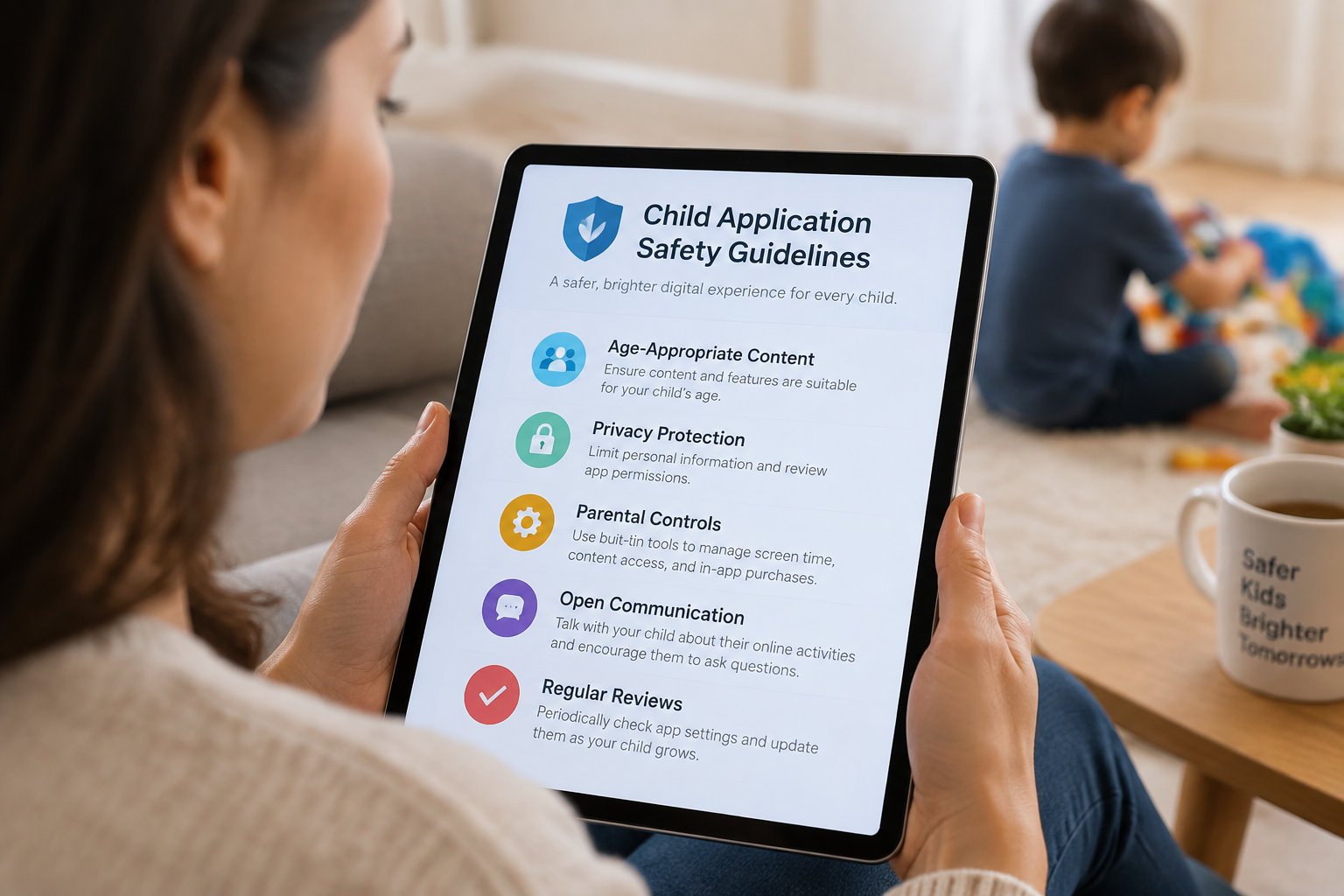 Understanding the safety of ai for children in digital media 5 A parent reviewing safety information for a child's app.