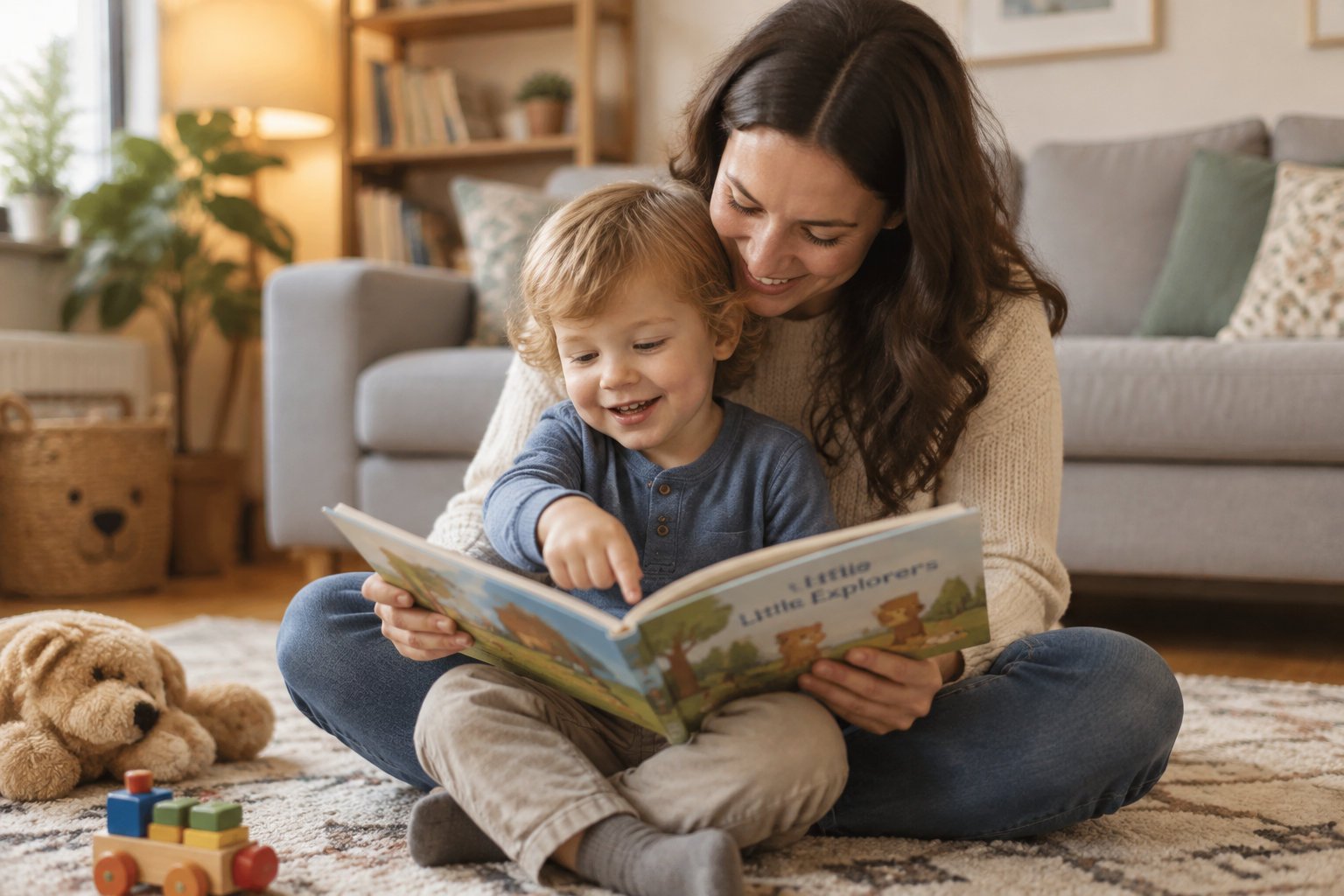 Why interactive stories for toddlers are the future of play 1 A parent and a toddler engaged in a gentle reading session on a rug.