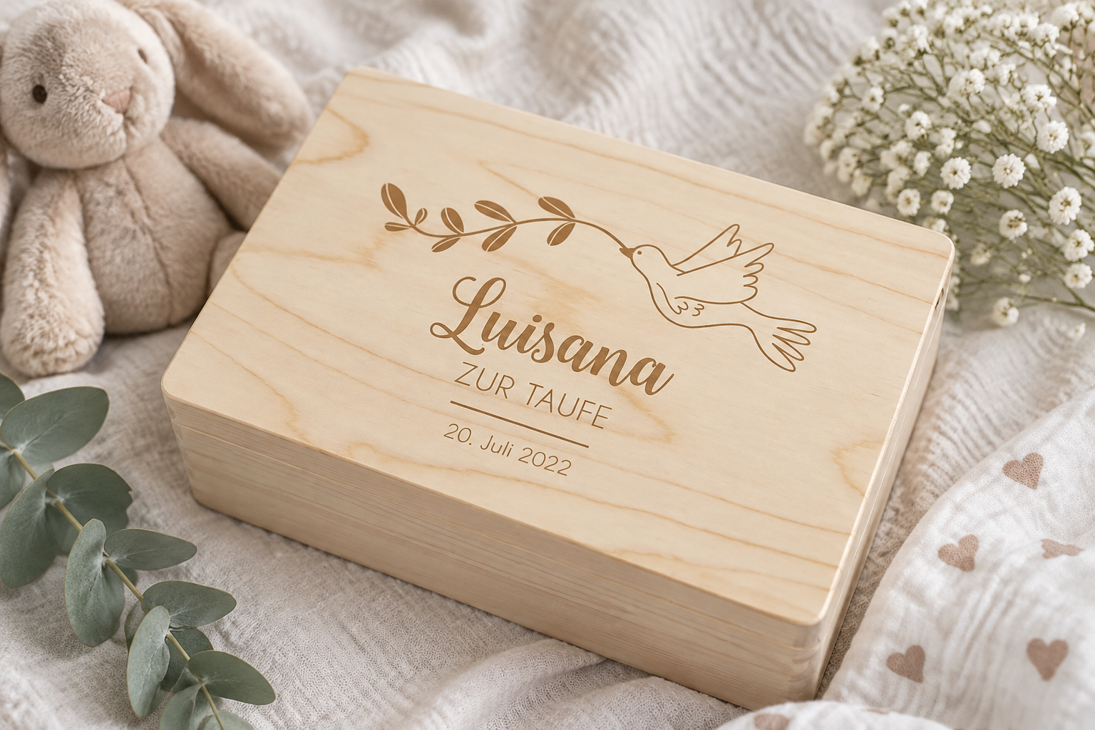A personalized keepsake box from LittleStars with engraved name and date