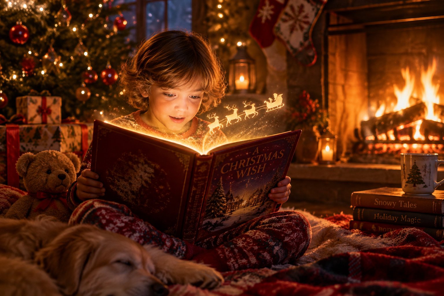 Memorable personalized christmas books for kids this year 1 A child enjoying a magical Christmas book in a cozy setting.