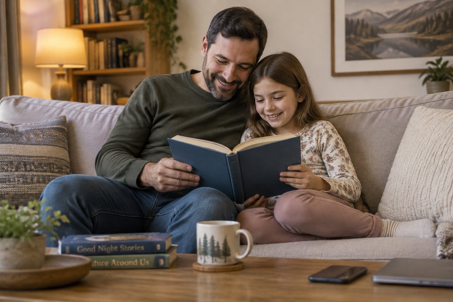 Understanding the safety of ai for children in digital media 2 A parent and child sharing a physical book together.
