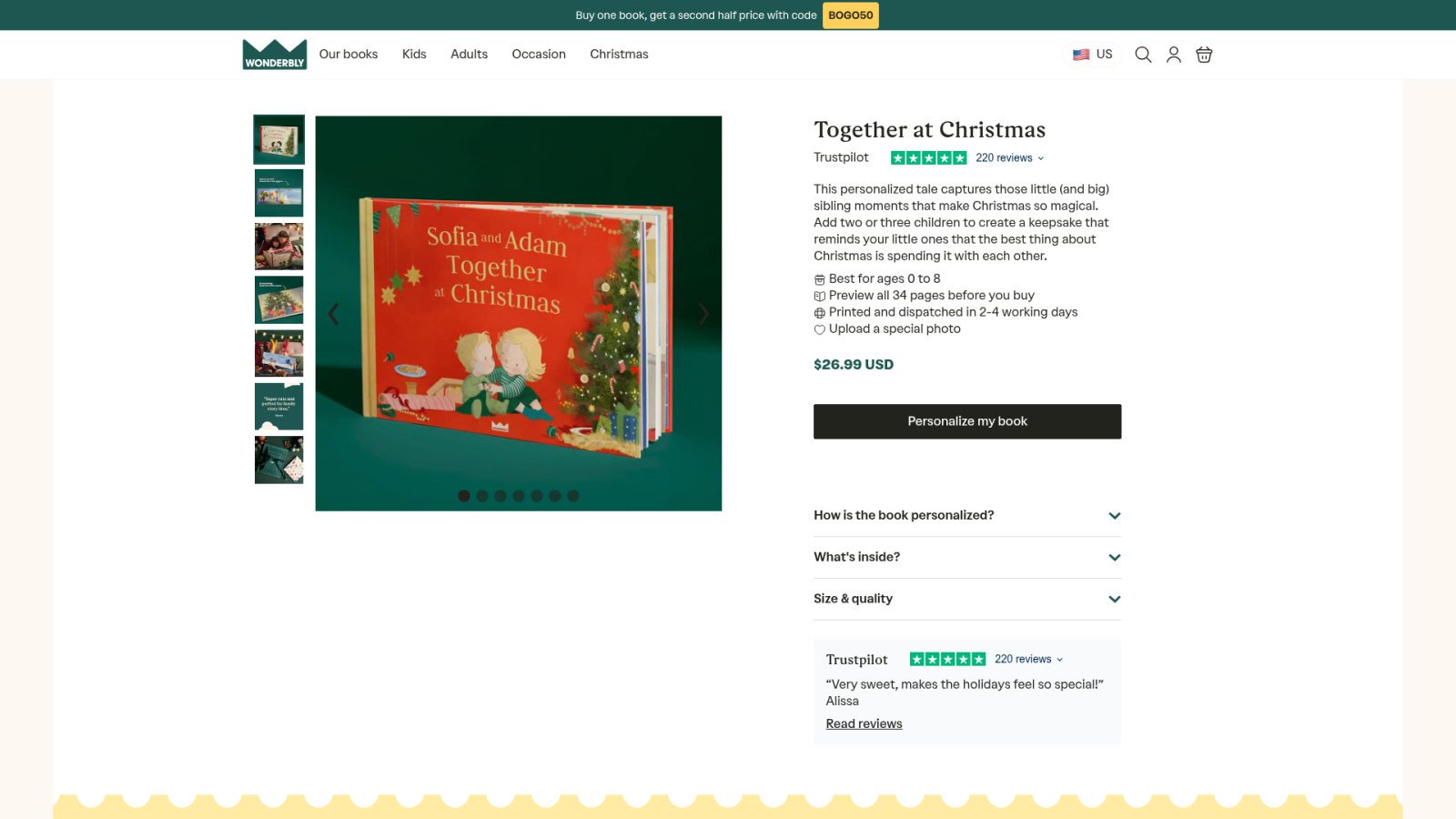 Memorable personalized christmas books for kids this year 3 A screenshot of the online preview for the book Together at Christmas.
