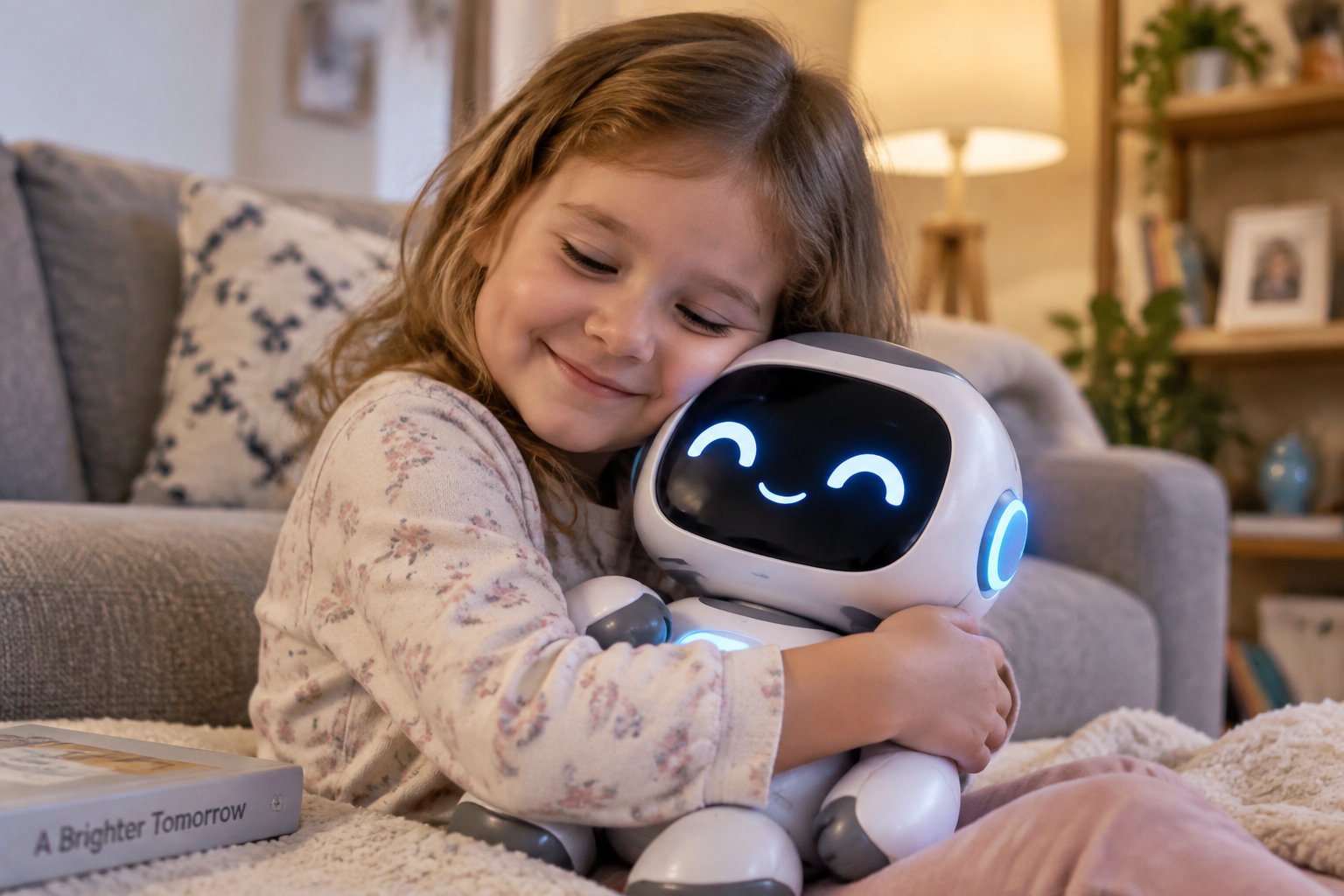 Understanding the safety of ai for children in digital media 1 A young child cuddling a smart toy in a home environment.