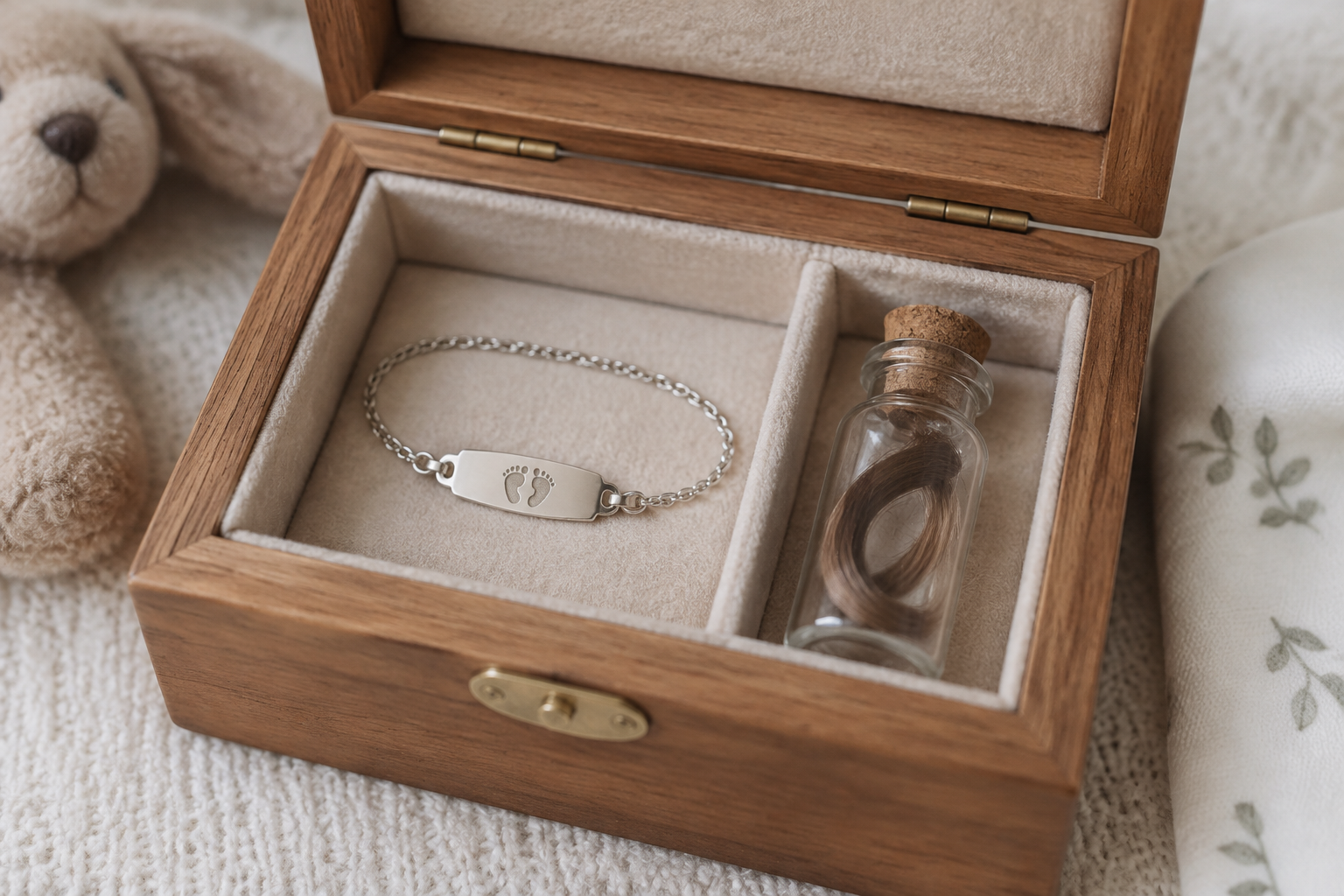 A wooden keepsake box containing a baby bracelet and a lock of hair