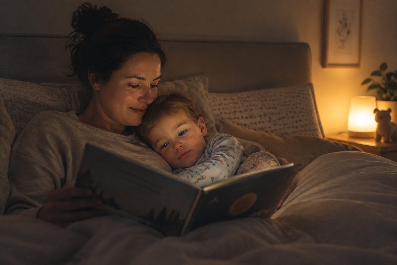 Why interactive stories for toddlers are the future of play 4 A calm, low-light bedtime scene with a parent and child sharing a book.