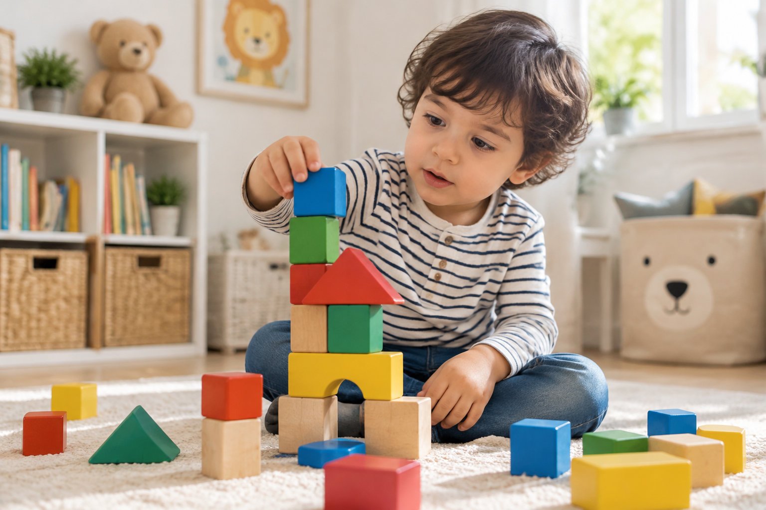 How to improve child attention span without screens naturally 2 A child engaged in creative play with colorful wooden blocks.