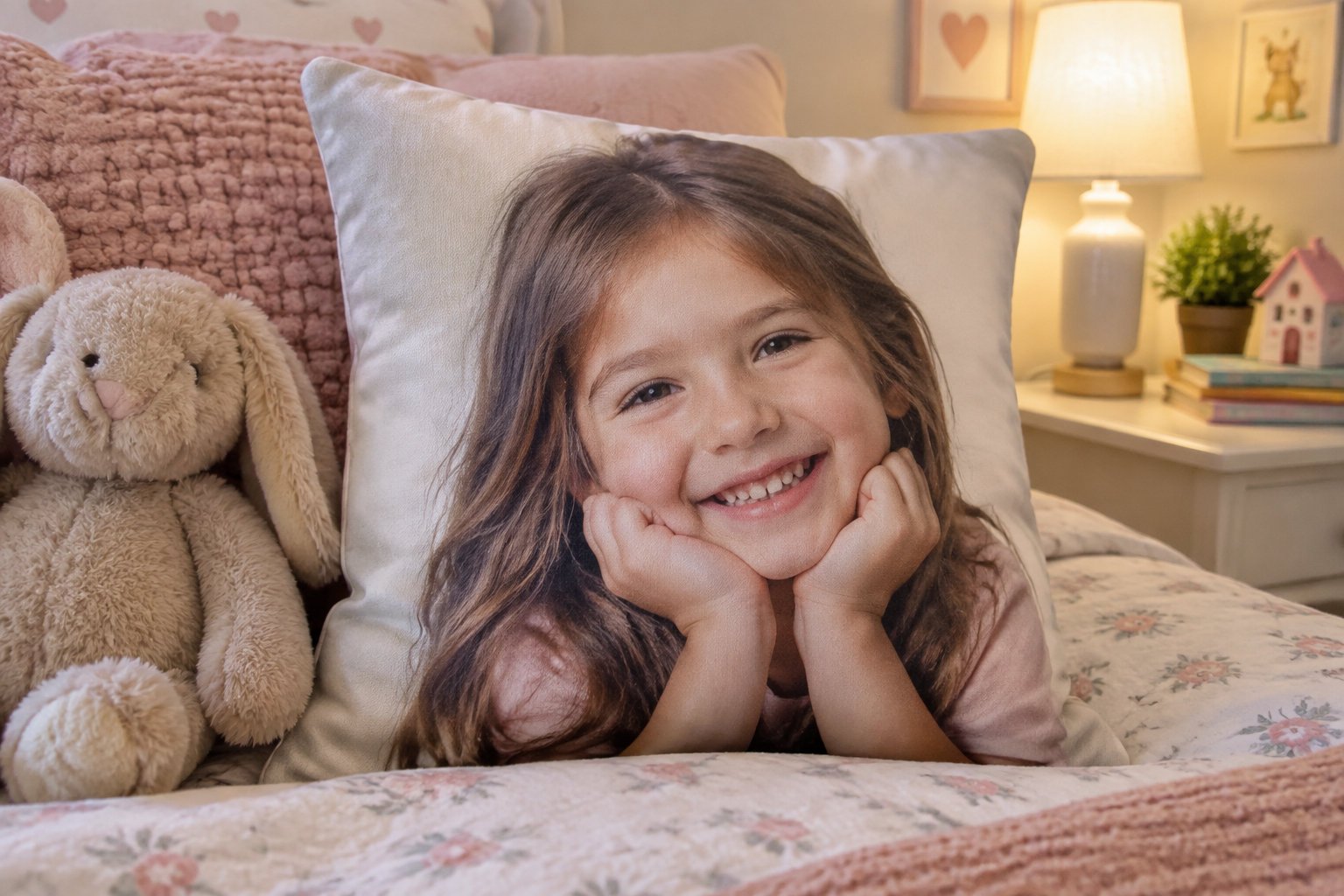 A soft cushion displays a familiar photo of a child.