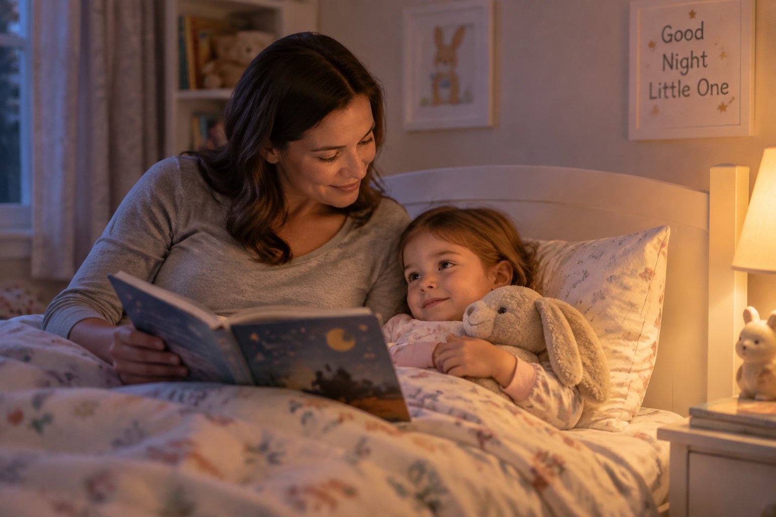 Using personalized stories to transition from co-sleeping 1 A parent stays beside a young child in the familiar bed where the child is used to falling asleep.