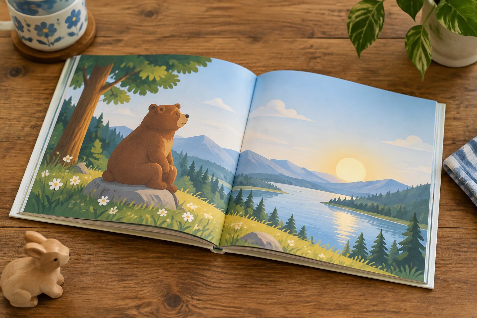 Teaching empathy to preschoolers through stories and play 1 An open illustrated book shows a bear sitting beside a lake at sunset, on a wooden table with a mug, a potted plant, a folded cloth, and a small rabbit figurine.
