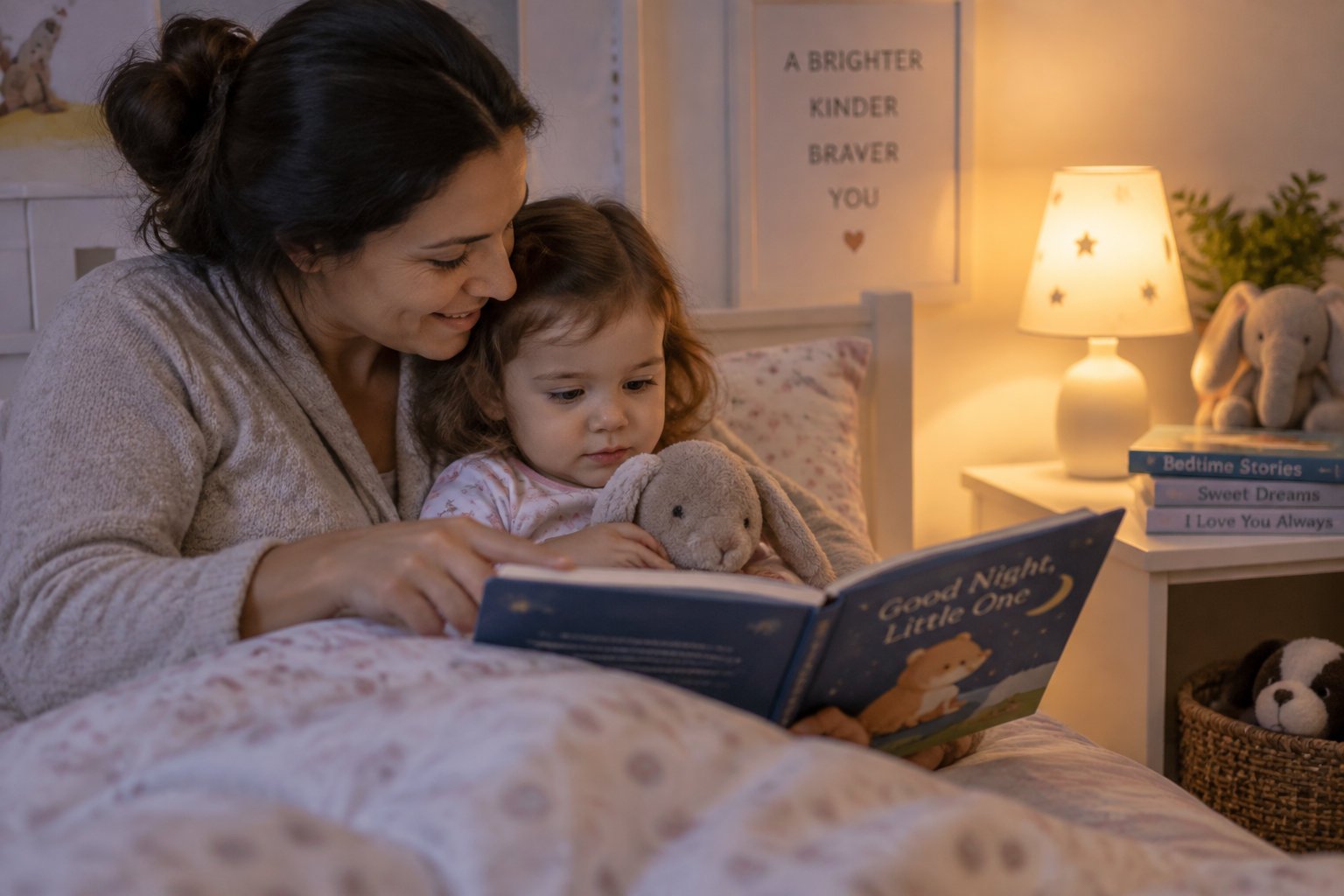 A parent helps a two-year-old move calmly through bath time, pyjamas, toothbrushing, a bedtime story, and settling into bed.