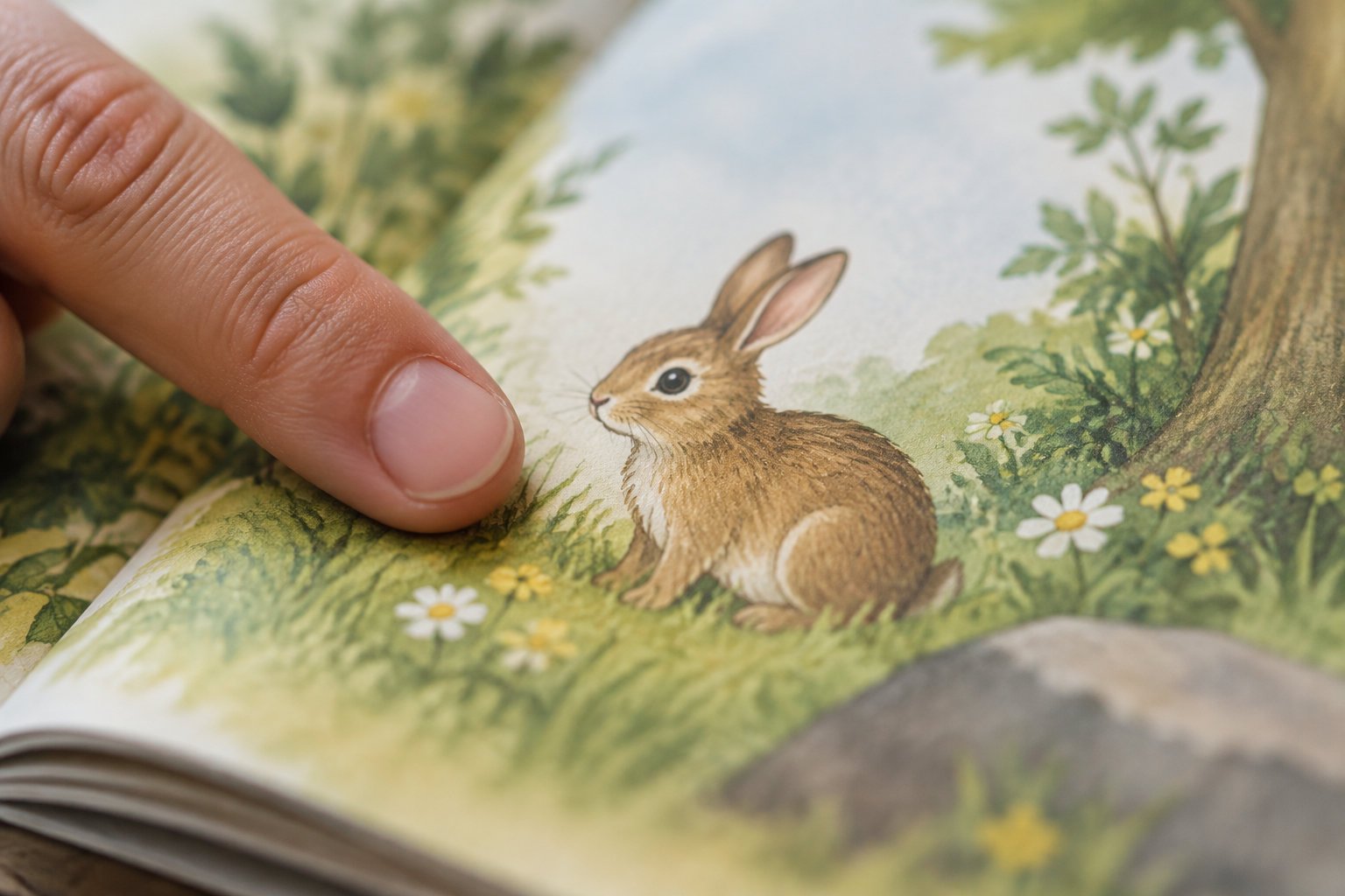 Teaching empathy to preschoolers through stories and play 2 A finger points to an illustration of a brown rabbit among grass and flowers on an open book.