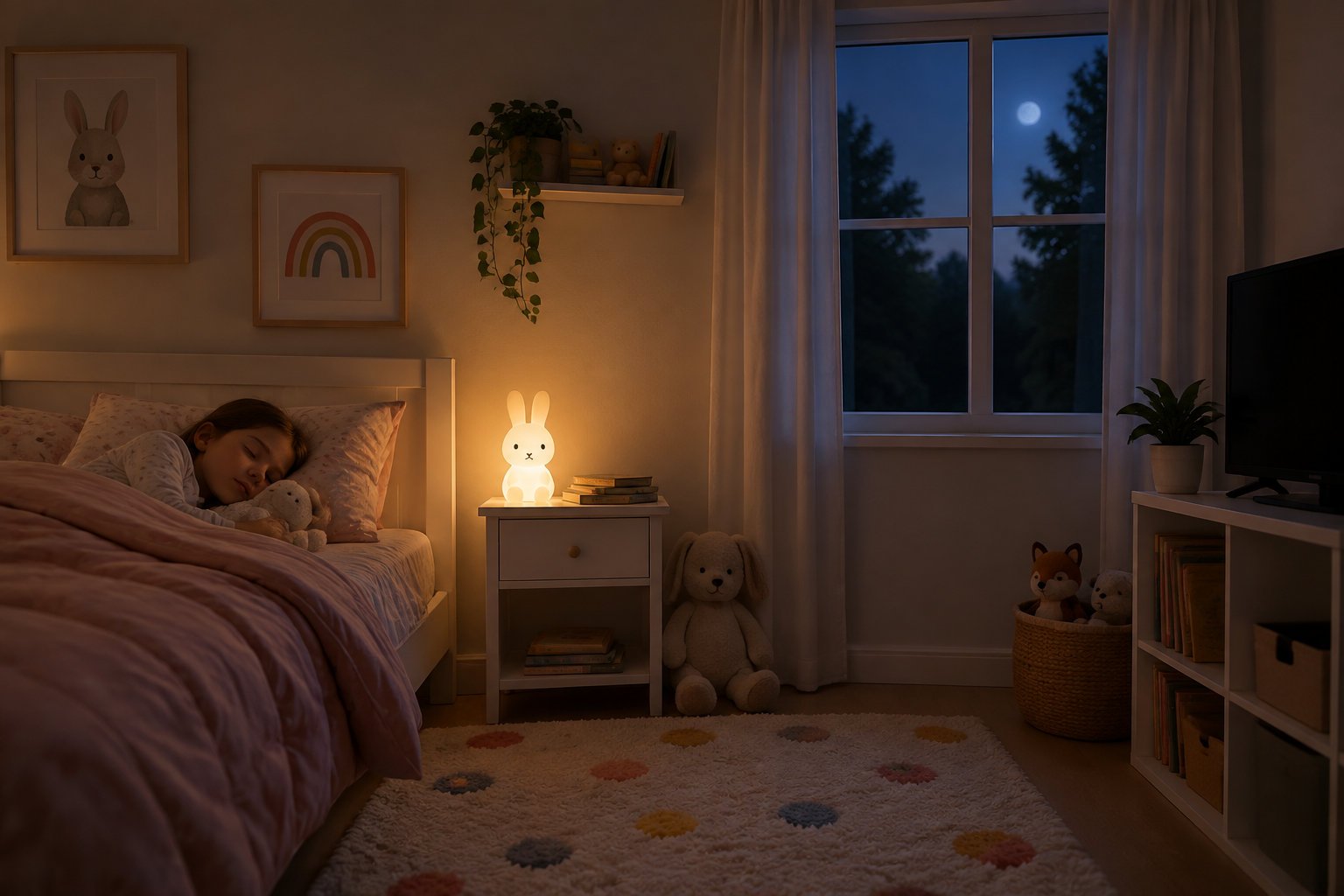 Using personalized stories to transition from co-sleeping 2 A calm child’s bedroom has a soft night-light, switched-off screens, and curtains open to morning light.