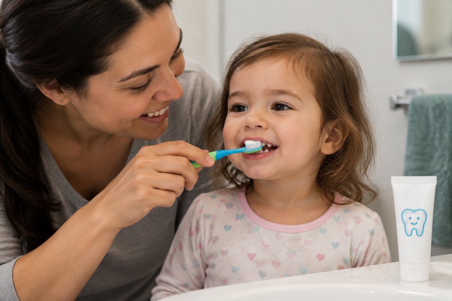 An adult supervises a two-year-old brushing with a soft child-sized toothbrush and a rice-grain-sized smear of fluoride toothpaste.
