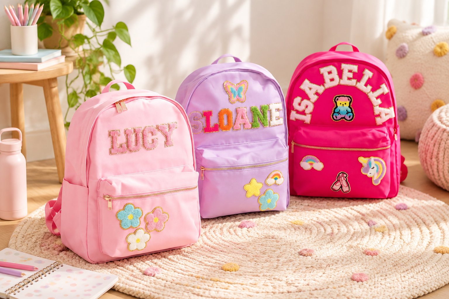 A children's school backpack personalized with a name and a custom motif.