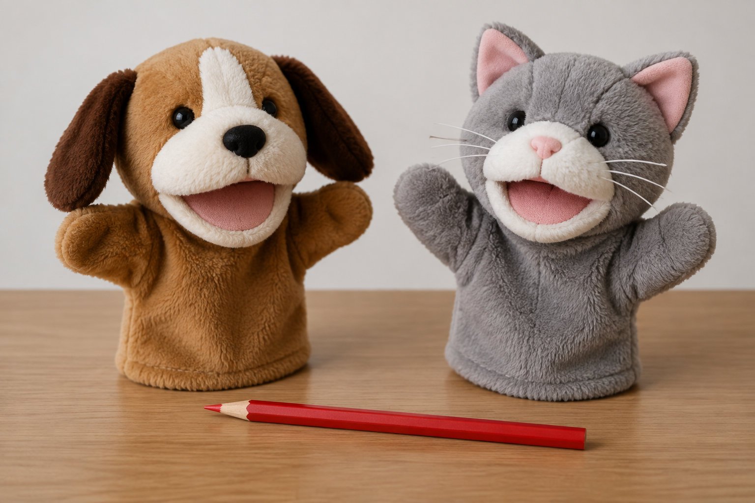 Teaching empathy to preschoolers through stories and play 3 A brown dog and a gray cat hand puppet sit with their arms raised on a wooden table, with a red pencil in front of them.