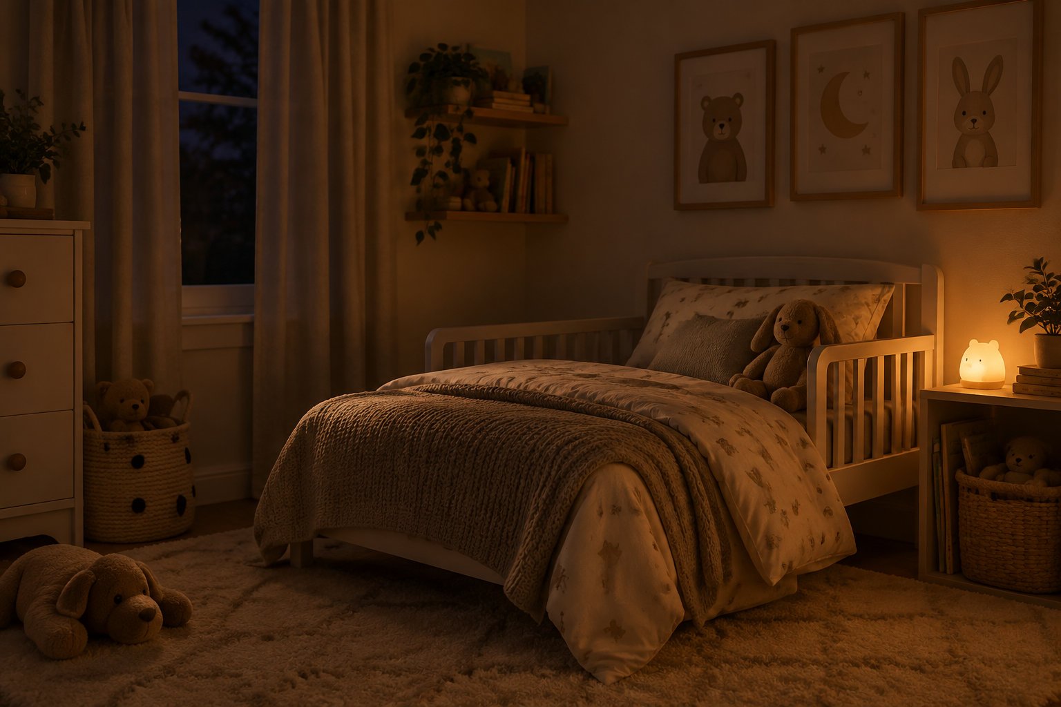 A comfortable child's bedroom is quiet and dimly lit by a very soft amber night-light.
