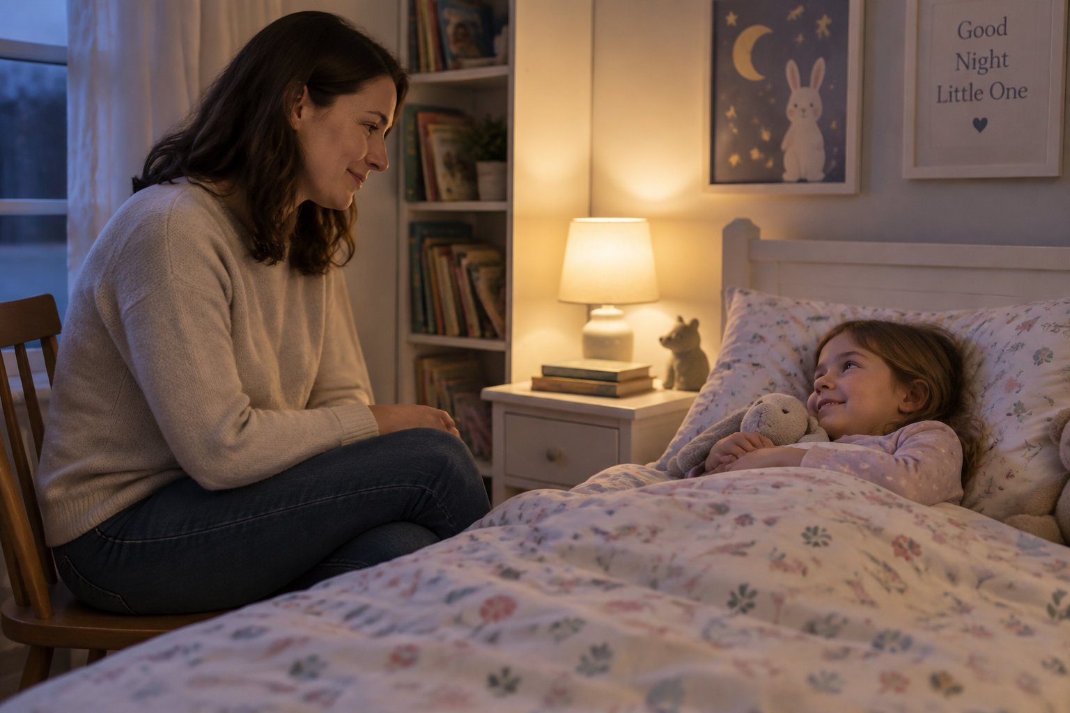 Using personalized stories to transition from co-sleeping 3 A parent sits on a chair beside a child’s bed as the first step in gradually moving toward the door.