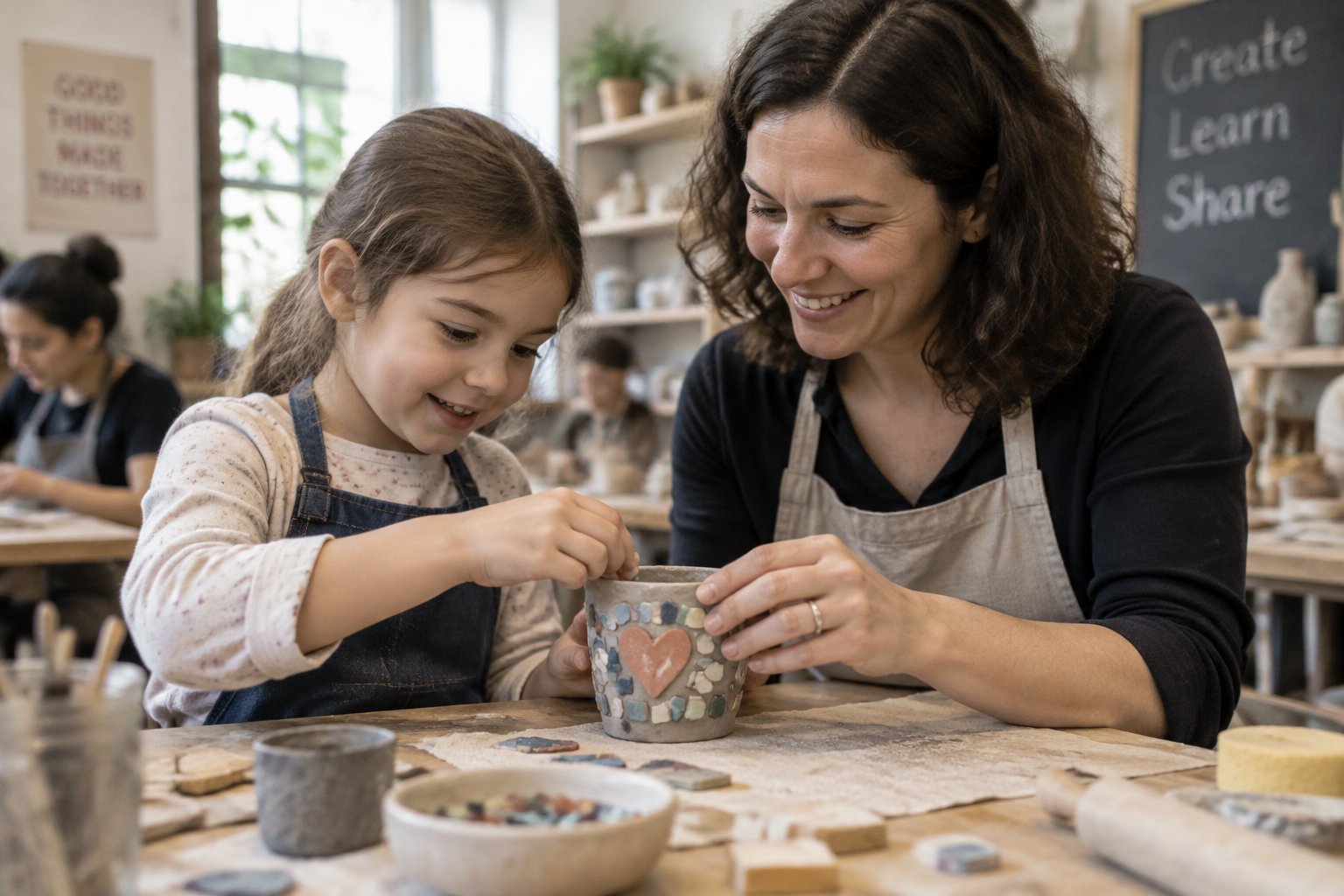 A child and an adult work together to make an object at a creative workshop.