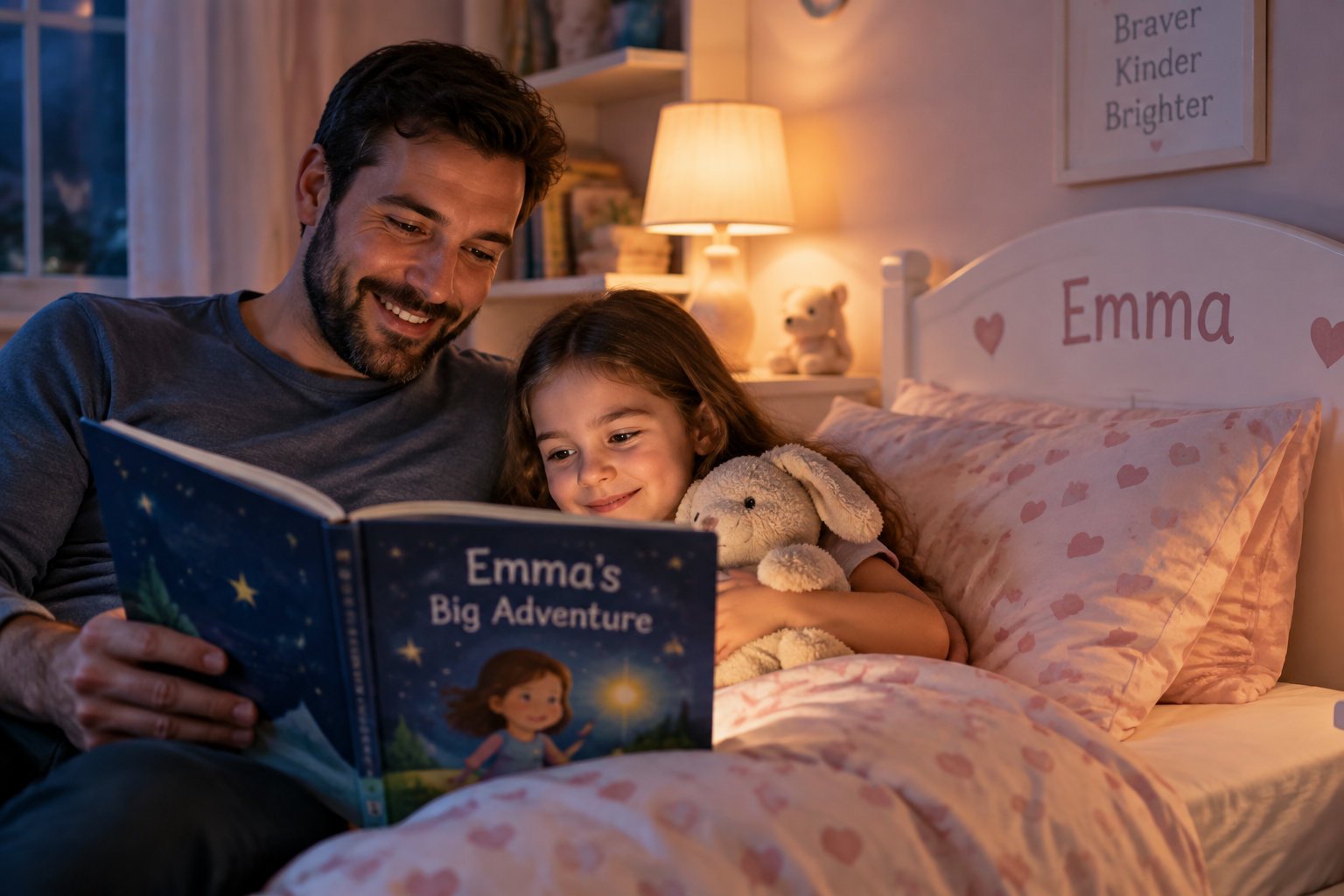 Using personalized stories to transition from co-sleeping 4 A parent reads a personalized story as the child discovers a new bed and familiar bedtime steps.