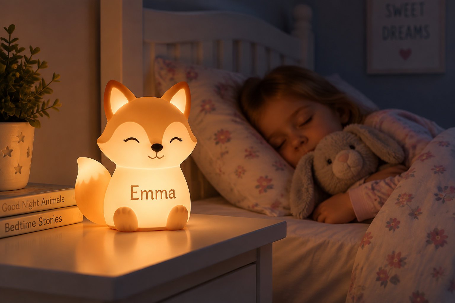 A personalized night light displays a child's name beside an animal design.