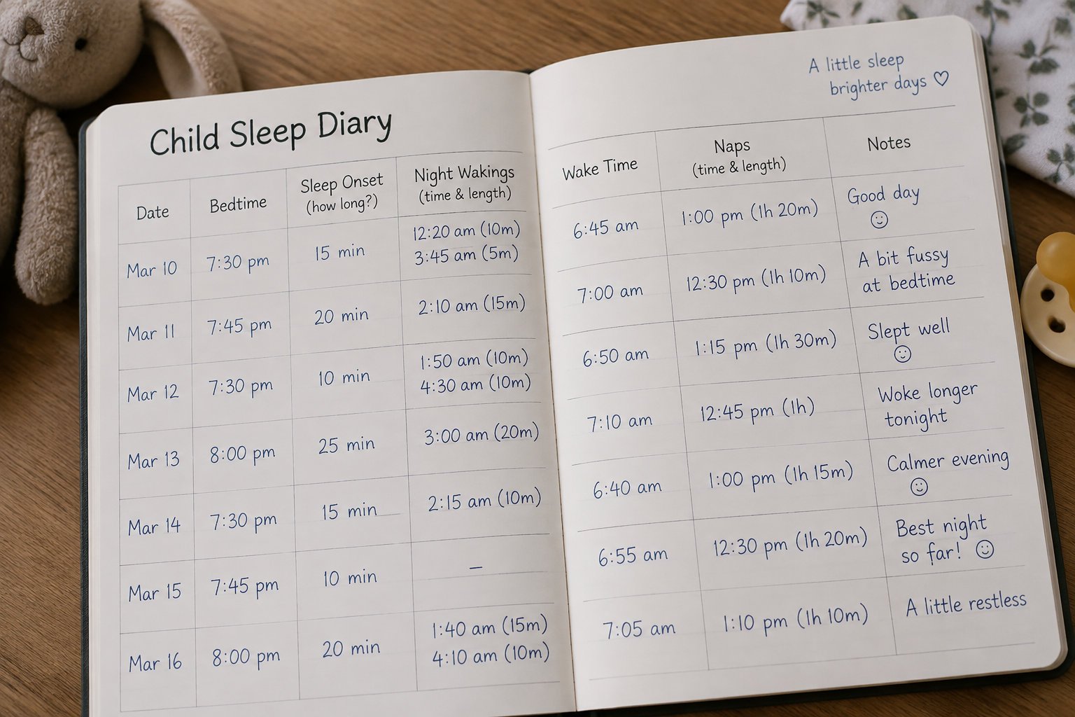 An open sleep diary contains notes about a child's bedtime, time asleep, wake-up, naps, and night wakings.