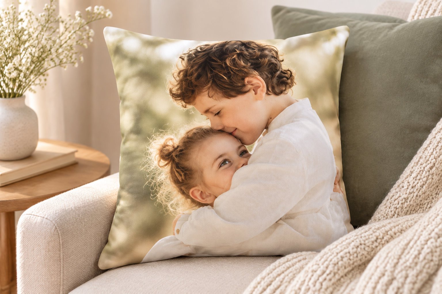 A 35 × 35 cm Photoweb cushion printed with a family photo.