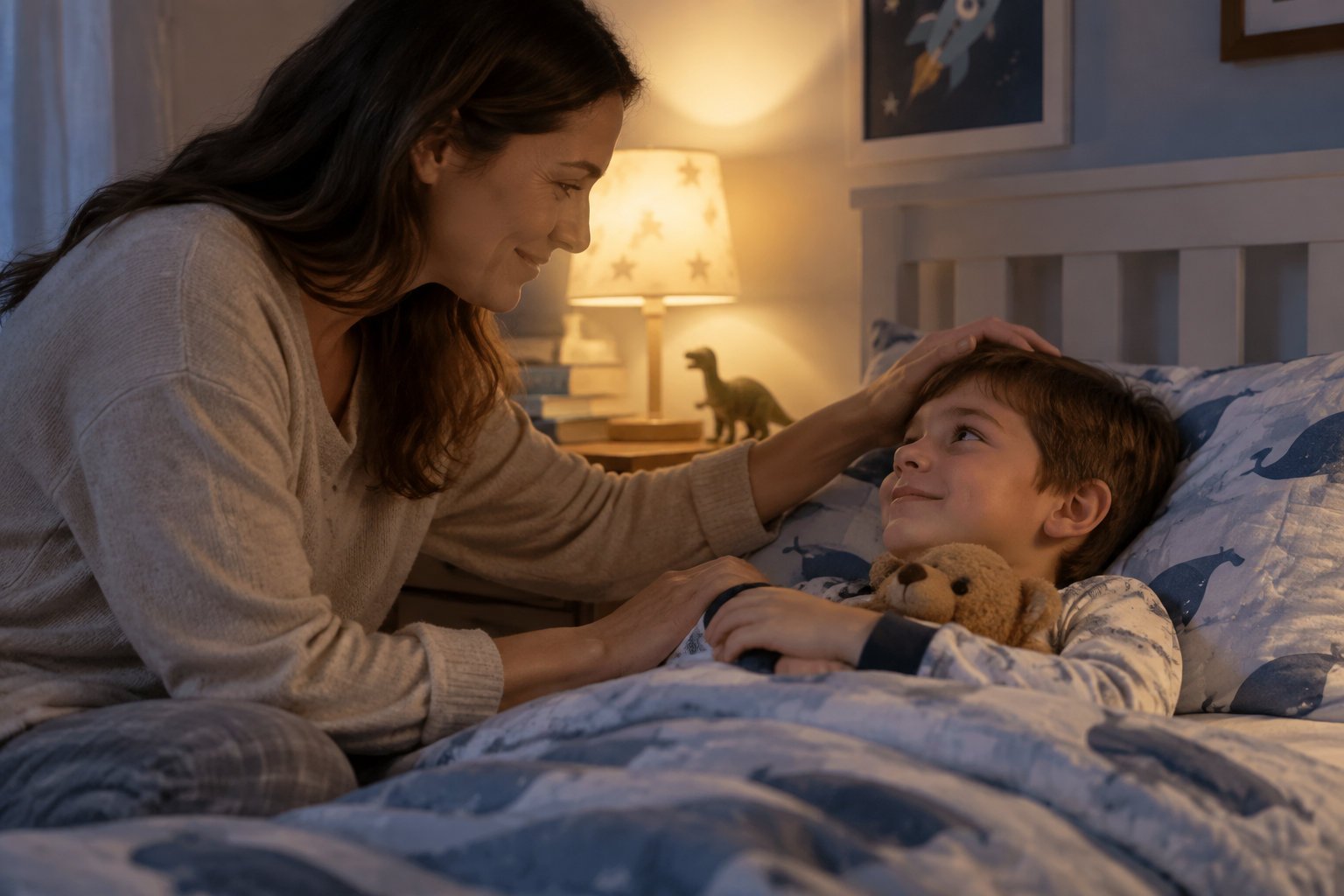 Using personalized stories to transition from co-sleeping 5 A parent calmly reassures a child beside the child’s own bed while keeping the bedtime plan in place.
