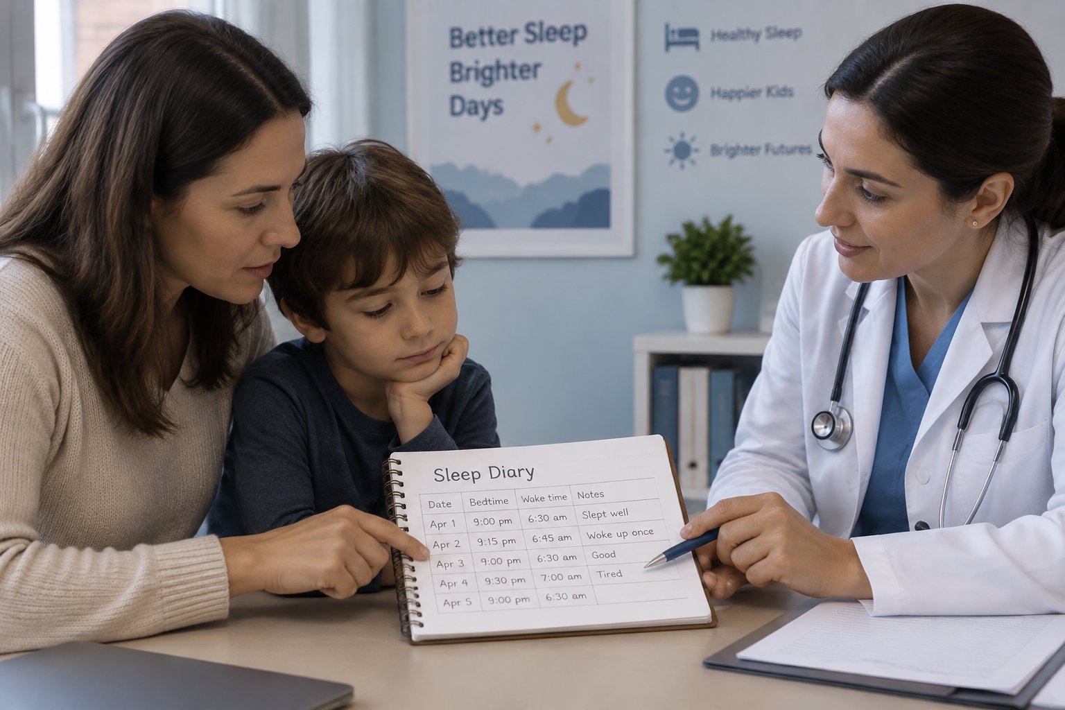 Using personalized stories to transition from co-sleeping 6 A parent consults a doctor while reviewing a sleep diary recording bedtimes, wake-ups, naps, and unsettled nights.