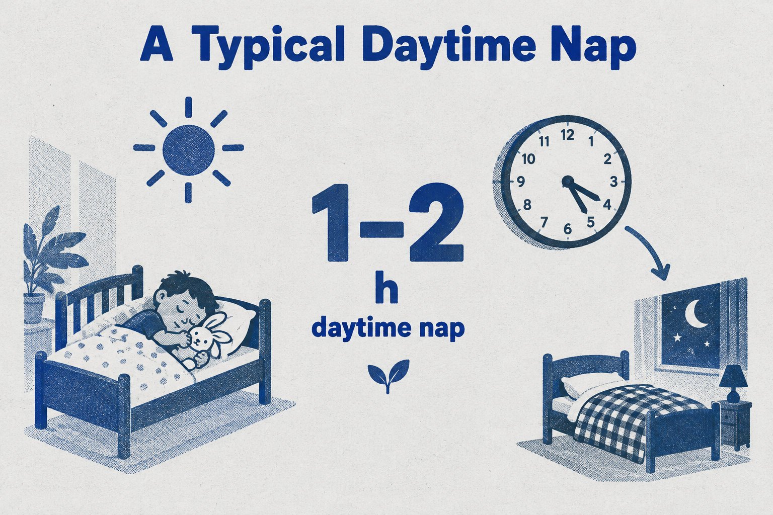 Many 2-year-olds have one daytime nap that often lasts 1–2 hours; a long or late nap can make bedtime harder.