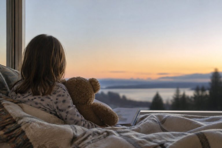 A child sits in bed with a teddy bear, looking out a large window at a serene sunset over the water and trees.