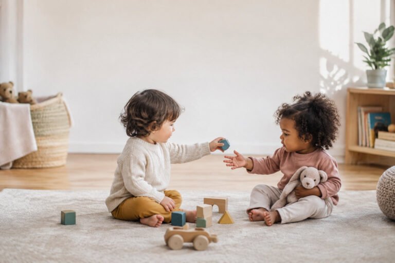 Two toddlers sitting on a rug playing with wooden blocks, one is handing a block to the other.