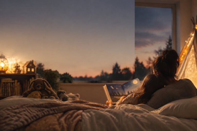 A mother and child reading a book in bed at sunset with a cozy tent and toys nearby.