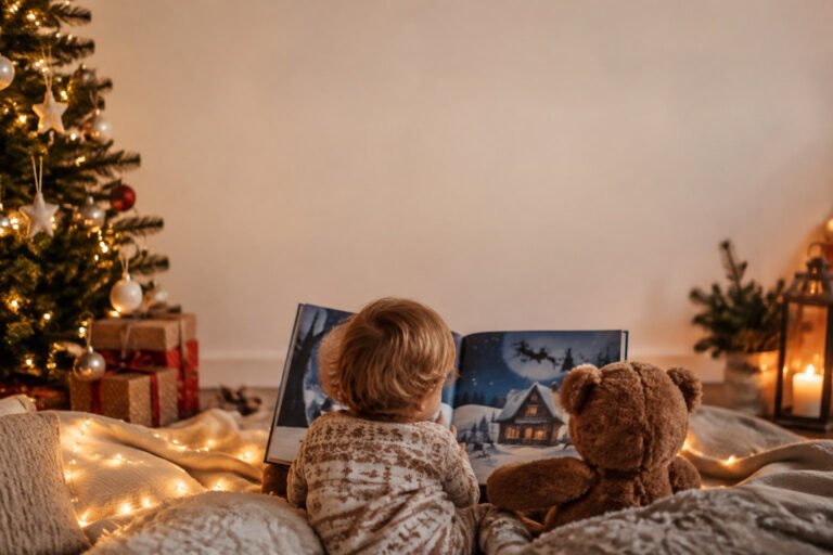 A toddler in cozy pajamas sits on a blanket with a teddy bear, looking at an open Christmas storybook by the tree.