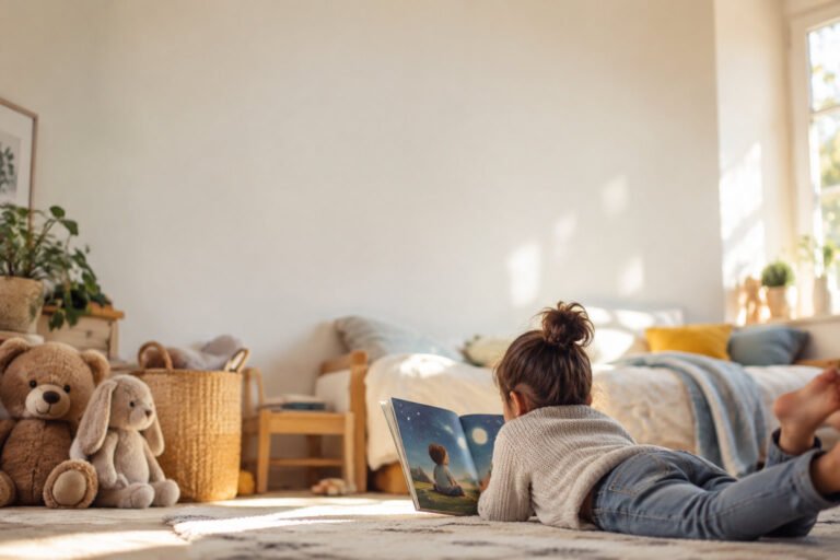A young girl with a hair bun lying on a rug, reading a personalized storybook with a bedroom background.