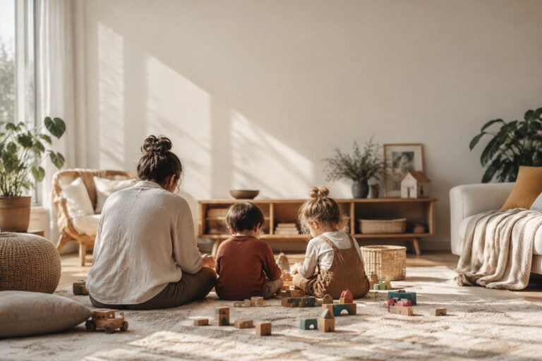 A mother and two children sitting on a rug playing with wooden blocks in a sunlit, minimalist living room.