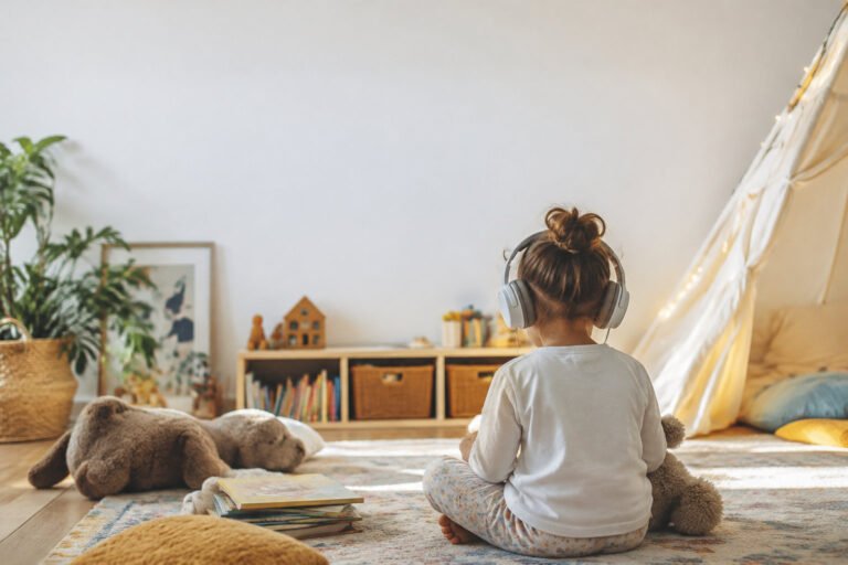 A young child sitting on a rug wearing headphones in a cozy playroom with a teepee, listening to audiobooks.