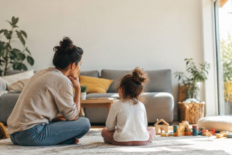 A mother and daughter sitting together on the living room floor, having a peaceful conversation.