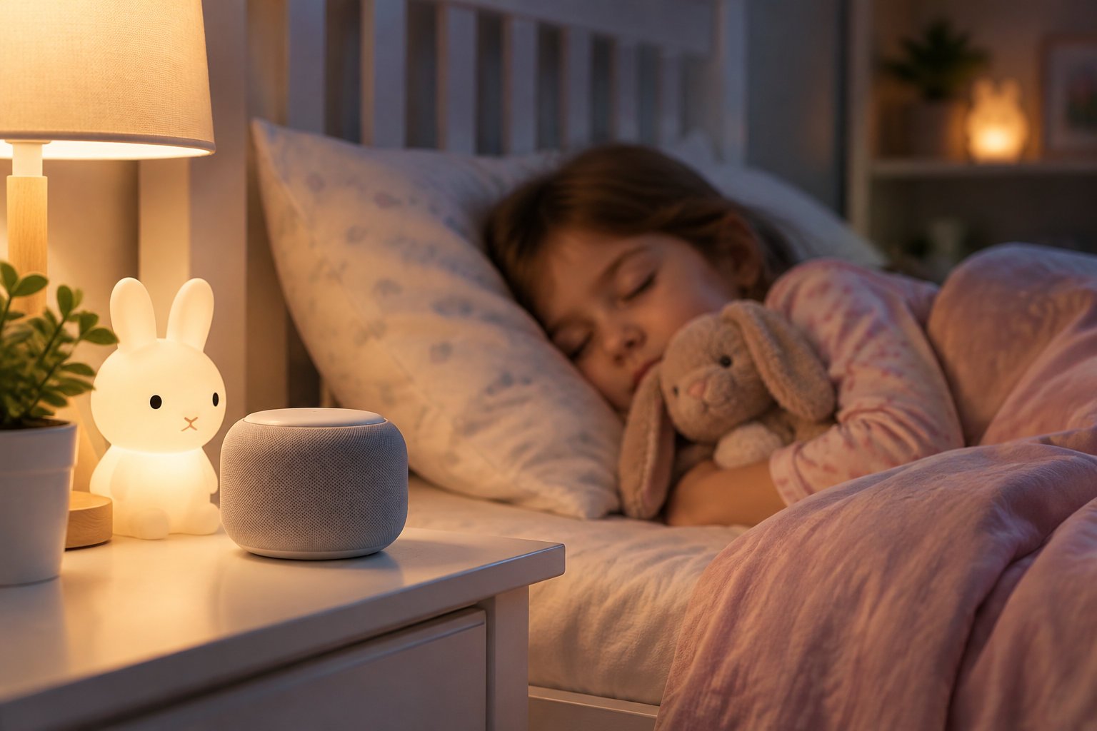10 best audiobooks for 3 year olds to boost language skills 1 A child sleeps in bed, hugging a stuffed rabbit, while a glowing bunny-shaped nightlight and a small speaker sit on the bedside table.