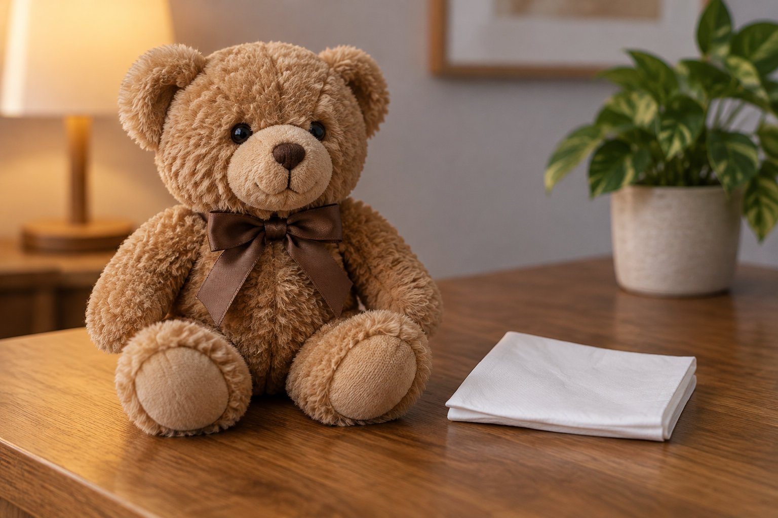 Practical tips for teaching kindness to toddlers through play 1 A brown teddy bear with a bow sits on a wooden table beside a folded white cloth, with a lamp and potted plant in the background.