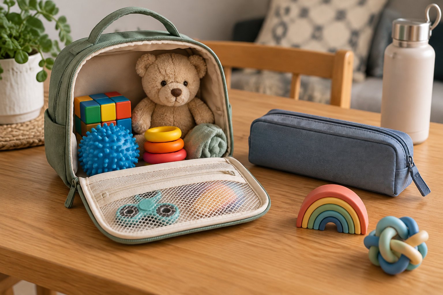 Toddler travel activities screen free: keeping little ones busy on the go 1 An open green backpack on a wooden table holds a teddy bear and colorful toys, with a gray pencil case, water bottle, rainbow toy, and woven ball nearby.